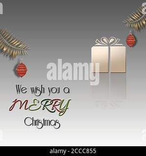 Carte de luxe or 2021 avec boîte cadeau suspendue, boule rouge sur fond vert avec arbres de noël, texte Joyeux Noël Bonne Année. Bannière, cartes de vœux, brochure. Espace de copie, illustration 3D Banque D'Images