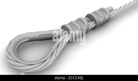 Fixation de la corde. Boucle. La fixation des extrémités de la corde à l'élingage à l'aide de la cartouche et du manchon à sertir. Illustration 3D Banque D'Images