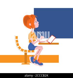 Adorable personnage de dessin animé fille à son bureau à l'école, l'institut, le bureau, la maison. Formation en ligne et hors ligne. Illustration vectorielle Illustration de Vecteur