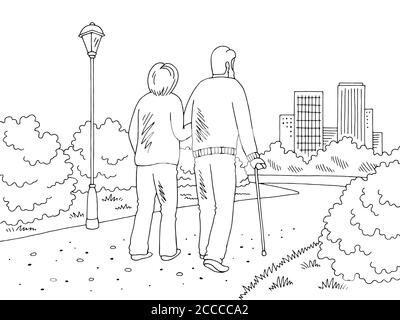 Personnes âgées marchant dans le parc graphique noir blanc paysage vecteur d'illustration d'esquisse Illustration de Vecteur
