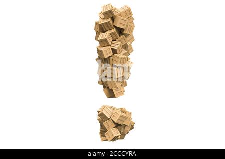 Point d'exclamation des boîtes en bois. Rendu 3D isolé sur fond blanc Banque D'Images