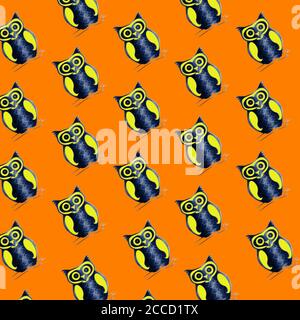 Illustration d'un motif de hibou sans couture sur fond orange Banque D'Images