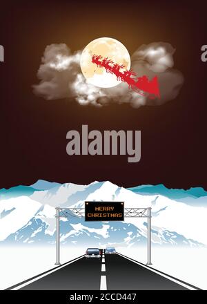 Santa Clause survolant l'autoroute de haute altitude avec Joyeux Noël message sur le statif au-dessus de la tête contre une nuit de pleine lune ciel Illustration de Vecteur