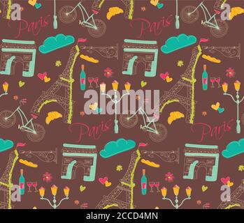 Symboles de Paris, carte postale, motif sans couture, dessinés à la main, illustration vectorielle Illustration de Vecteur