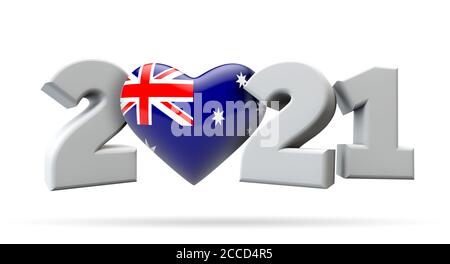 Nouvel an 2021 avec cœur drapeau australien. Rendu 3D Banque D'Images