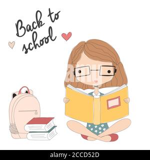 Jeune fille avec des lunettes lisant un livre, de retour à l'école, illustration vectorielle Illustration de Vecteur