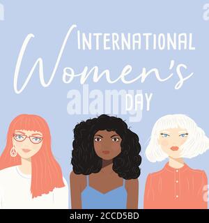 Signe de la Journée internationale de la femme avec des portraits de trois femmes différentes sur fond bleu, illustration vectorielle plate Illustration de Vecteur
