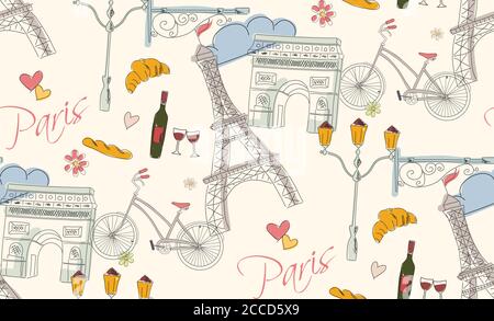 Symboles de Paris, carte postale, motif sans couture, dessinés à la main, illustration vectorielle Illustration de Vecteur