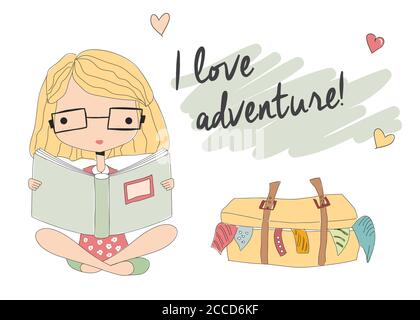 Jeune fille avec des lunettes lisant un livre, valise emballée, illustration vectorielle Illustration de Vecteur