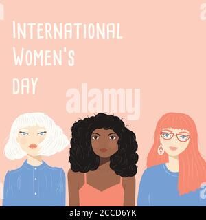 Signe de la Journée internationale de la femme avec des portraits de trois femmes différentes sur fond rose, illustration vectorielle plate Illustration de Vecteur