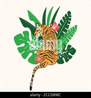 tigre dessiné à la main avec des feuilles tropicales exotiques, illustration vectorielle plate Illustration de Vecteur