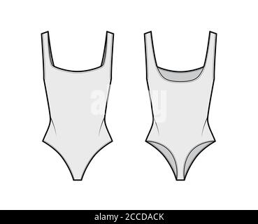 Body en jersey extensible à encolure carrée profonde et dos ouvert, illustration technique de la mode. Modèle de vêtement extérieur plat une pièce avant, arrière, couleur grise. Femmes hommes unisex maillot de bain CAD maquette Illustration de Vecteur