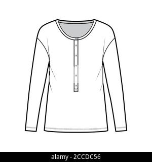 Haut en jersey de coton classique pour hommes, illustration technique de la mode, manches longues, encolure dégagée. Vêtements d'extérieur plats modèle de chemise avant, blanc, couleur. Femmes, hommes, maquette de CAD unisex Illustration de Vecteur