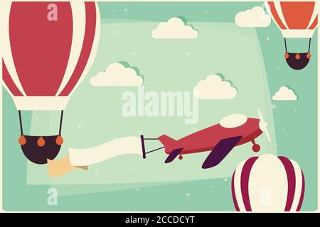 Arrière-plan avec ballons à air chaud et avion avec ruban, illustration vectorielle Illustration de Vecteur