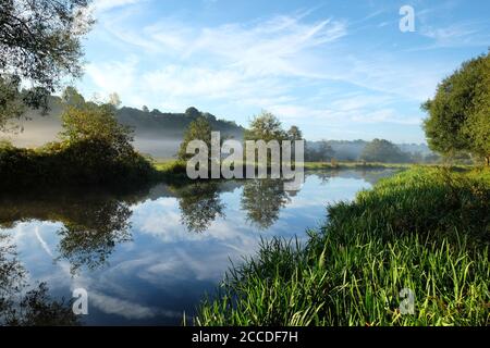 Tôt le matin, brume sur les prés de la rivière Wey à Godalming, Surrey, un matin d'automne froid. Banque D'Images