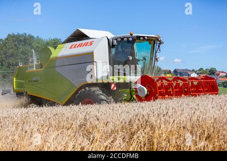 BAVIÈRE / ALLEMAGNE - 20 AOÛT 2020 : la moissonneuse-batteuse Claas Tucano 420 batte le grain dans un champ agricole. Banque D'Images