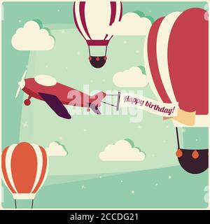 Arrière-plan d'anniversaire ballons à air chaud et un avion, illustration vectorielle Illustration de Vecteur