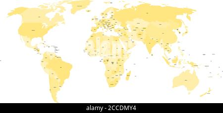 Carte du monde avec les noms des pays souverains et des territoires dépendants plus importants. Carte vectorielle simplifiée en quatre nuances de jaune sur fond blanc. Illustration de Vecteur