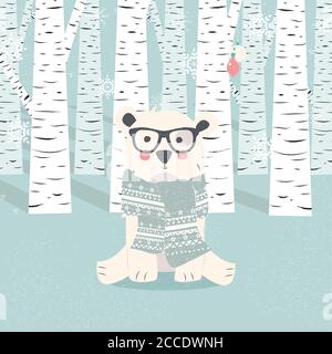 Carte postale Joyeux de Noël avec ours blanc polaire hipster en forêt, illustration vectorielle Illustration de Vecteur