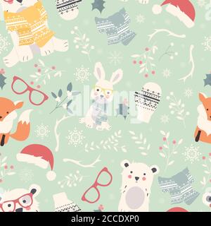 Motifs de Noël joyeux sans couture avec animaux polaires mignons, ours, lapins, illustration vectorielle Illustration de Vecteur