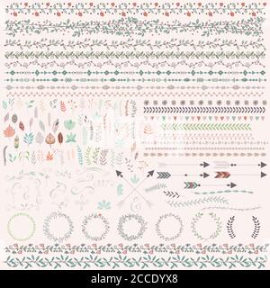 Feuilles vintage dessinées à la main, flèches, plumes, couronnes, séparateurs, ornements et éléments décoratifs floraux, illustration vectorielle Illustration de Vecteur