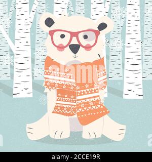 Carte postale Joyeux de Noël avec ours blanc polaire hipster en forêt, illustration vectorielle Illustration de Vecteur