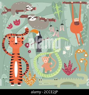 Collection d'animaux de la forêt tropicale mignons, tigre, serpent, cloth, singe, illustration vectorielle Illustration de Vecteur