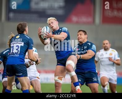 21 août 2020 ; AJ Bell Stadium, Salford, Lancashire, Angleterre ; Rugby anglais de Premiership, sale Sharks versus Exeter Chiefs ; Credit: Action plus Sports Images/Alamy Live News Banque D'Images