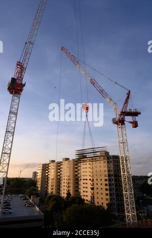 Austin, TX USA 25 juillet 2020 : la grue à tour de flèche de luffing abaisse une charge au lever du soleil tandis que les équipes continuent de travailler sur une poupe de béton de nuit dans un chantier de construction du centre-ville. D'énormes projets de construction se poursuivent sans relâche au Texas malgré la pandémie de COVID-19 à l'échelle nationale et l'État frappé par plus d'un demi-million de cas et plus de 10,000 000 décès. Banque D'Images