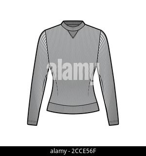 Sweat-shirt en jersey de coton côtelé illustration technique de la mode avec manches longues, corps ajusté, col rond. Pull sans pinces modèle de vêtement avant de couleur grise. Femmes hommes unisexe haut tricot CAD maquette Illustration de Vecteur