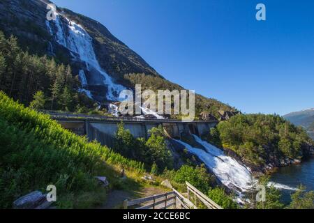 Montagne d'été Langfossen cascade sur la pente Etne, Norvège. Banque D'Images