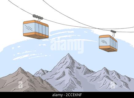 Cable car graphique couleur montagne paysage dessin vecteur d'illustration Illustration de Vecteur