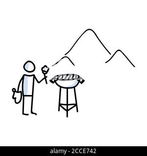 Stickman dessiné à la main cuisine barbecue concept. Simple de vacances en plein air Doodle icône pour la staycation, famille voyage aventure clipart. Figurine d'escapade simple Illustration de Vecteur