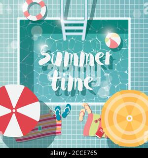 Piscine, vue sur le dessus, vacances d'été, eau claire avec parasols, illustration vectorielle Illustration de Vecteur