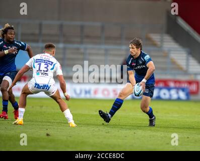 21 août 2020 ; AJ Bell Stadium, Salford, Lancashire, Angleterre ; Rugby anglais de Premiership, sale Sharks versus Exeter Chiefs ; AJ MacGinty of sale Sharks est venu dans la seconde moitié pour relayer Rob du Preez of sale Sharks crédit: Action plus Sports Images/Alay Live News Banque D'Images