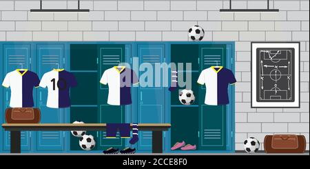 dressing football, casiers, uniforme de football et balles, casiers ouverts et fermés, vecteur plat illustration Illustration de Vecteur