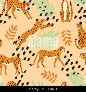 Motif sans couture avec grands cheetahs exotiques dessinés à la main, plantes tropicales et éléments abstraits sur fond orange clair. Vecteur plat coloré