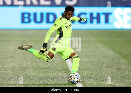 20 août 2020; Foxborough, ma, USA; le gardien de but de l'Union de Philadelphie, Andre Blake (18), en action lors d'un match MLS entre l'Union de Philadelphie et la révolution de la Nouvelle-Angleterre au stade Gillette. Anthony Nesmith/CSM Banque D'Images