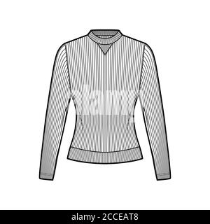 Sweat-shirt en jersey de coton côtelé illustration technique de la mode avec manches longues, corps ajusté, col rond. Modèle de vêtement pour pull plat sur le devant, couleur blanche. Femmes hommes unisexe haut tricot CAD maquette Illustration de Vecteur
