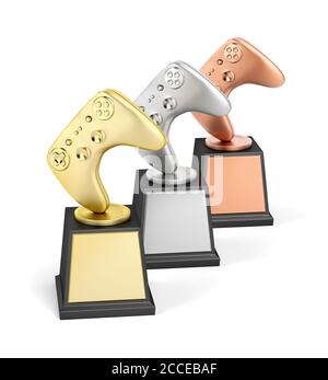 Trophées de jeux vidéo sur fond blanc Banque D'Images