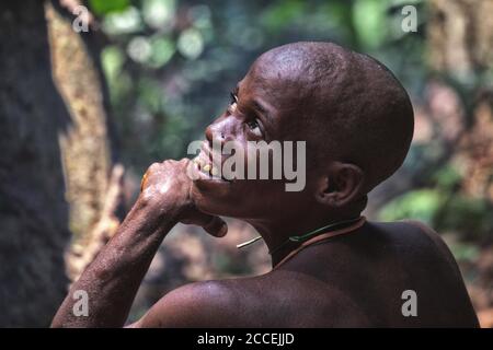 Tribu pygmée de la réserve forestière de Dzanga-Sanha, République centrafricaine Banque D'Images