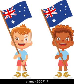 Drapeau australien en main. Drapeau de retenue des enfants. Drapeau national de l'Australie vecteur Illustration de Vecteur