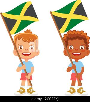 Drapeau jamaïcain en main. Drapeau de retenue des enfants. Drapeau national de la Jamaïque vecteur Illustration de Vecteur