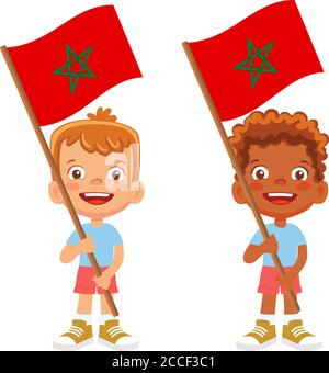 Drapeau marocain en main. Drapeau de retenue des enfants. Drapeau national du Maroc vecteur Illustration de Vecteur