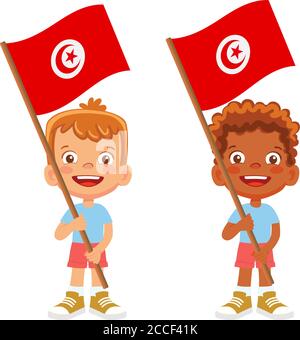 Drapeau tunisien en main. Drapeau de retenue des enfants. Drapeau national de Tunisie vecteur Illustration de Vecteur