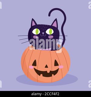 joyeux halloween, chat noir à l'intérieur de la citrouille tour ou cadeau fête célébration illustration vectorielle Illustration de Vecteur