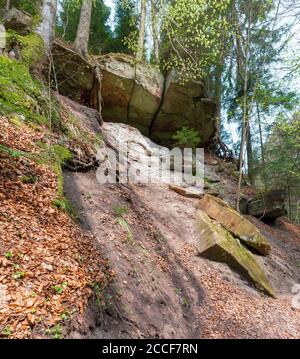 Allemagne, Bade-Wurtemberg, Murrhardt, porte-à-faux rocheux à la chute d'eau supérieure dans la gorge de Hörschbach dans le parc naturel de la forêt souabe-franconienne. Banque D'Images