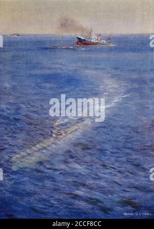 Demi-ton d'un U-boat allemand qui navigue loin d'un navire en naufrage pendant la première Guerre mondiale. De l'Histoire de la Grande Guerre. Banque D'Images
