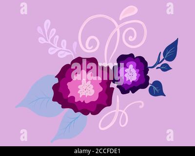 Fleurs peintes dessinées à la main, feuilles et branche isolées sur fond rose. Illustration pour la conception, l'impression ou l'arrière-plan. Banque D'Images