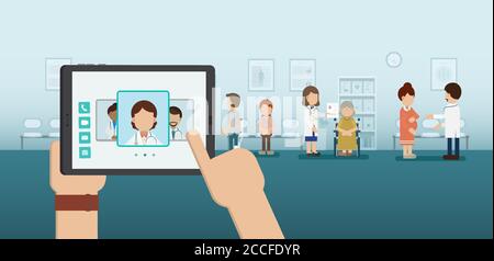 Réservez votre médecin en ligne avec une tablette numérique à main plate illustration vectorielle Illustration de Vecteur